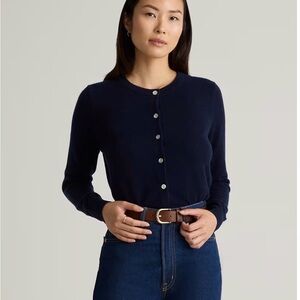 Quince Navy Button-Front Crewneck Cardigan